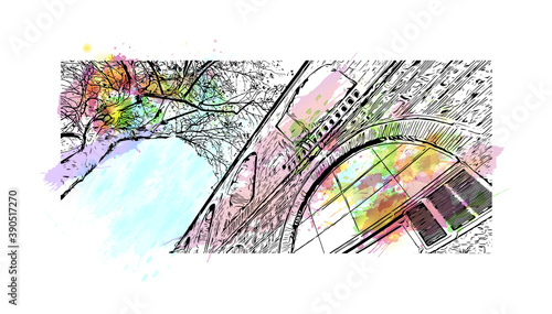 Building view with landmark of Bursa is a large city in northwest Turkey. Watercolor splash with hand drawn sketch illustration in vector.     