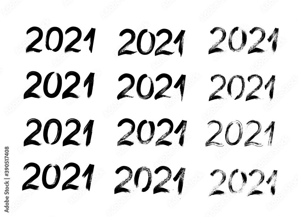 2021 Hand drawn numbers with brush isolated on white. Vector set of 12 handwritten textured figures for New Year or Holidays party. Grunge calligraphy lettering. Easy to edit template for your design 2021 Hand drawn numbers with brush isolated on white. Vector set of 12 handwritten textured figures for New Year or Holidays party. Grunge calligraphy lettering. Easy to edit template for your design