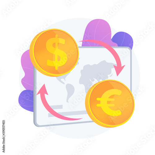 Currency exchange service. Monetary transfer, changing dollar to euro, buying and selling foreign money. Golden coins with EU and US currency symbols. Vector isolated concept metaphor illustration