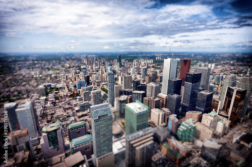 Aerial view of modern skyscrapers and office buildings in Toronto financial district, Ontario, Canada.