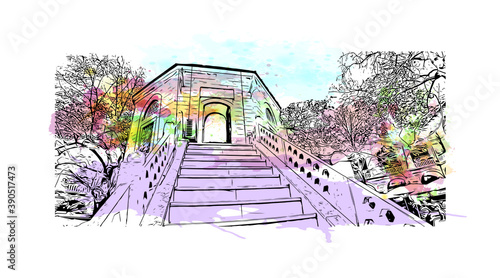 Building view with landmark of Bursa is a large city in northwest Turkey. Watercolor splash with hand drawn sketch illustration in vector.     
