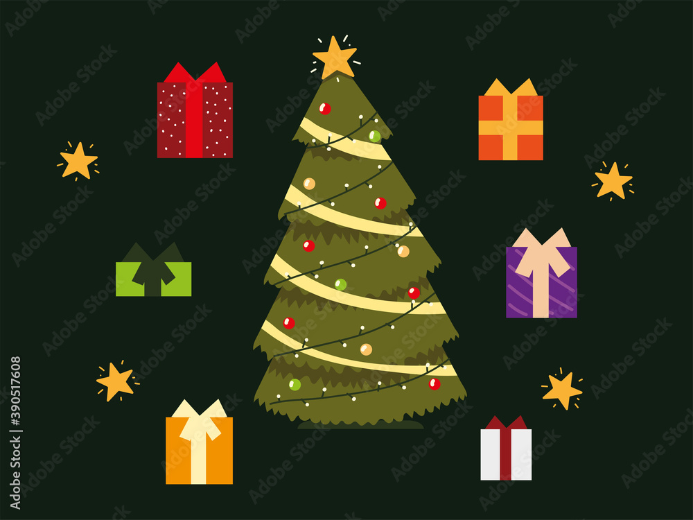 christmas celebrating season party set icons include tree and gift boxes