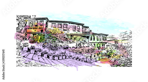 Building view with landmark of Bursa is a large city in northwest Turkey. Watercolor splash with hand drawn sketch illustration in vector.     