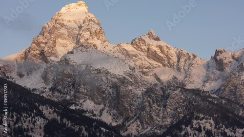 Grand Teton National Park Timelapes, Tight shot of the Grand Tetons during first light and Alpine Glow. 