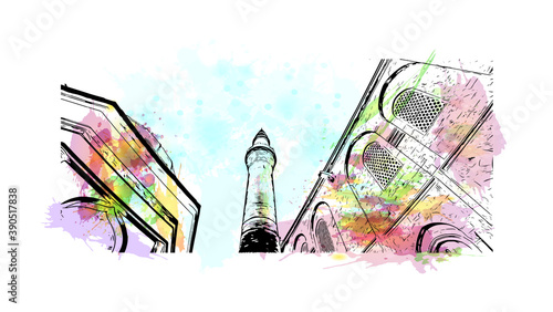 Building view with landmark of Bursa is a large city in northwest Turkey. Watercolor splash with hand drawn sketch illustration in vector.     