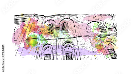 Building view with landmark of Bursa is a large city in northwest Turkey. Watercolor splash with hand drawn sketch illustration in vector.     