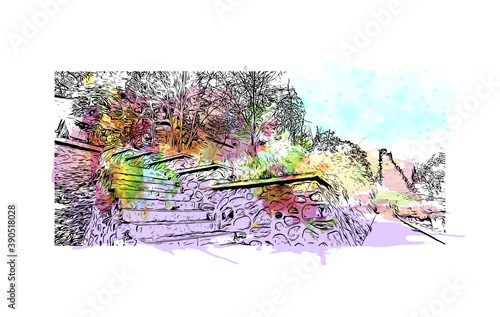 Building view with landmark of Bursa is a large city in northwest Turkey. Watercolor splash with hand drawn sketch illustration in vector.     