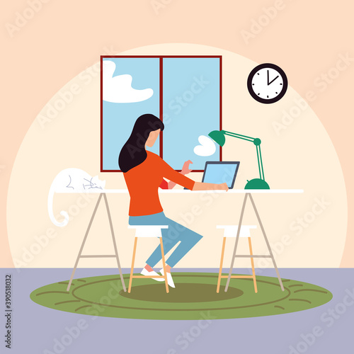 woman typing in laptop with cat on desk in the room