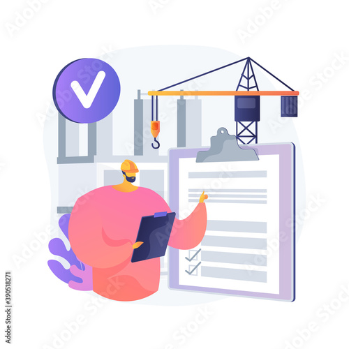 Construction quality control abstract concept vector illustration. Quality management, building progress, project requirements, materials specification, architecture blueprint abstract metaphor.