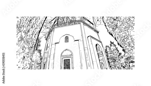 Building view with landmark of Bursa is a large city in northwest Turkey. Hand drawn sketch illustration in vector.     