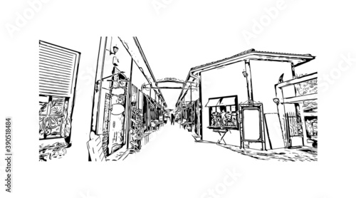 Building view with landmark of Bursa is a large city in northwest Turkey. Hand drawn sketch illustration in vector.     