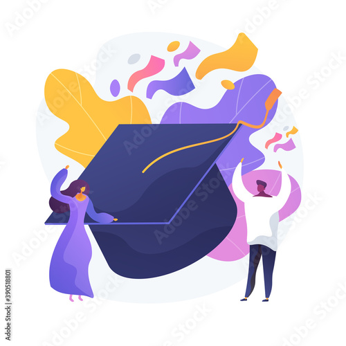 University graduation party. Bachelors and masters degree, education completion, graduates celebration. Students and bachelors caps. Festive mood. Vector isolated concept metaphor illustration