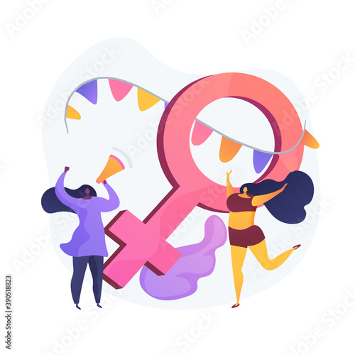 Feminism. Protection of women rights. Social and political movement. Ideology, patriarchy, sex discrimination. Gender equality. Female activists. Vector isolated concept metaphor illustration.
