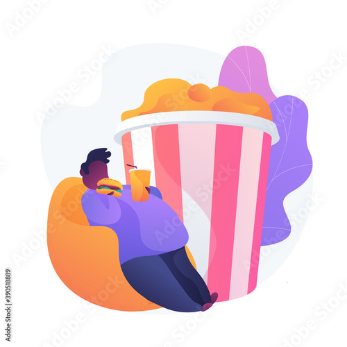Fast food. Overweight man eating hamburger and drinking soda lying on armchair. Junk food, unhealthy lifestyle, addiction. Fat cartoon character. Vector isolated concept metaphor illustration