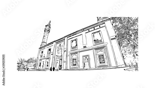 Building view with landmark of Bursa is a large city in northwest Turkey. Hand drawn sketch illustration in vector.     