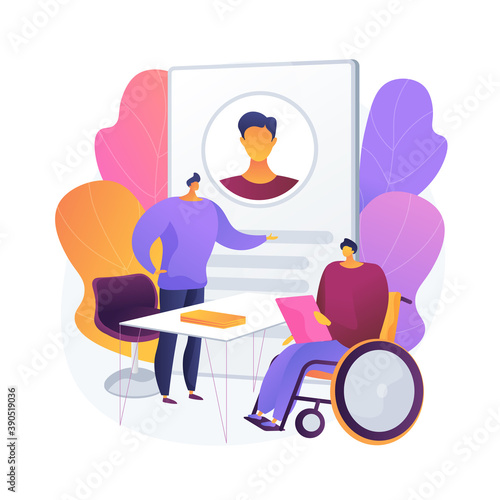 Employment of people with disabilities. Job interview with disabled person on wheelchair. Human resources, vacancy, career. Equal opportunities. Vector isolated concept metaphor illustration