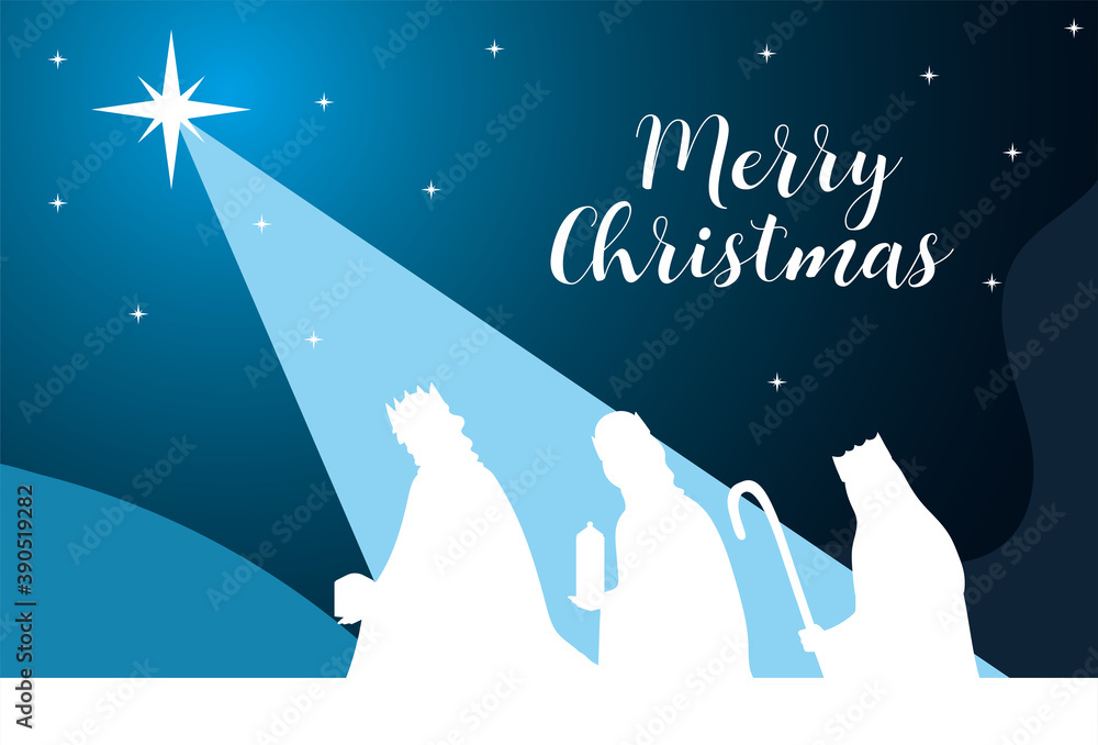 Fototapeta premium nativity, manger scene glowing star with wise kings in silhouette