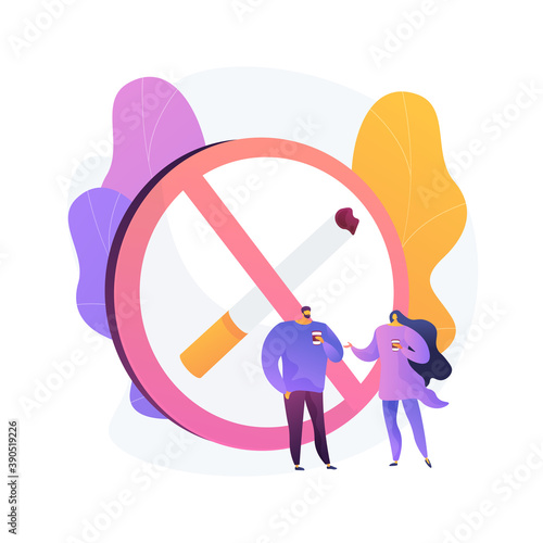 Smoke free zone sign. No smoking area, public space prohibition, warning symbol. People drinking coffee in smoke free location. Cigarette banned notice. Vector isolated concept metaphor illustration