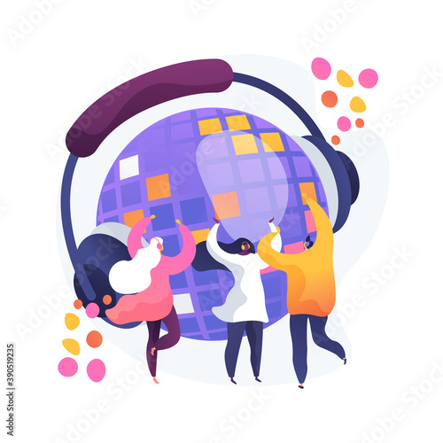 Silent disco fun. Trendy party, nightclub show, dancing in headphones. Cheerful people in earphones enjoying DJ music. Modern discotheque idea. Vector isolated concept metaphor illustration