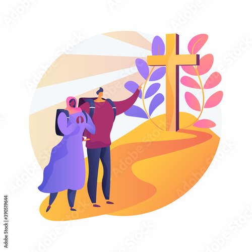 Christian pilgrimages abstract concept vector illustration. Go on pilgrimage, visit saint places, seeking god, christian nuns, monks in monastery, religious procession, prayer abstract metaphor.