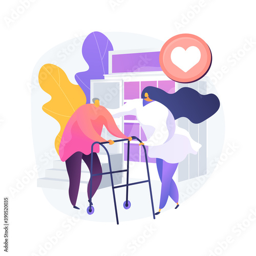 Care for the elderly abstract concept vector illustration. Eldercare, senior homesick nursing, care services, happy on wheelchair, home support, retired people, nursing home abstract metaphor.
