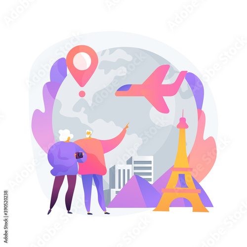 Retirement travel abstract concept vector illustration. Pension traveling, retirement savings, medical care, cover travel expenses, elderly people, insurance, trip destination abstract metaphor.
