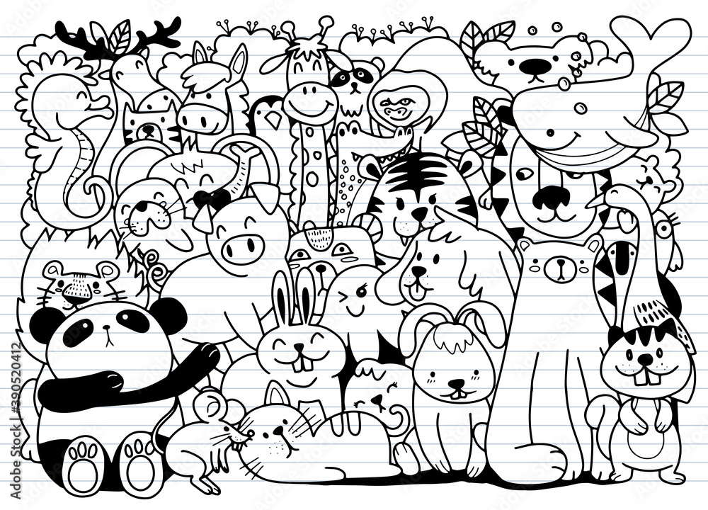 Fototapeta Vector cartoon big set of cute doodle animals. Perfect for postcard birthday baby book children room