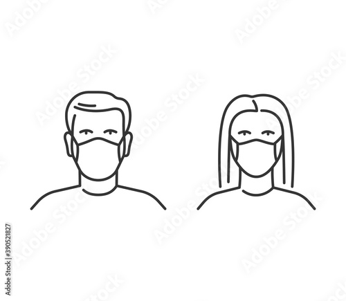 Man and woman wearing medical face masks. Front view. Male and female line avatar design.