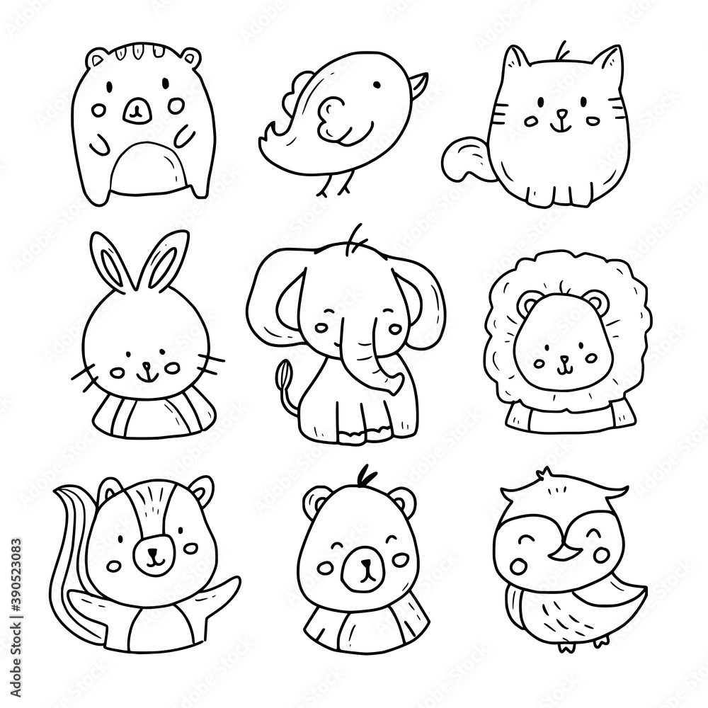 Obraz premium Cute animal doodle hand drawn set collection