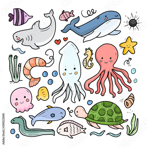 Sea animal cartoon of fish collection set