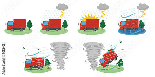 竜巻・落雷の被害に遭う赤いトラックのベクターイラストセット