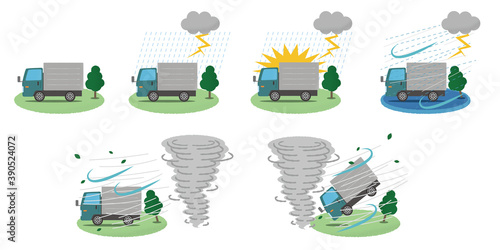 竜巻・落雷の被害に遭う緑色のトラックのベクターイラスト