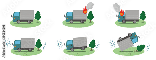 地震・火事の被害に遭う緑色のトラックのベクターイラストセット