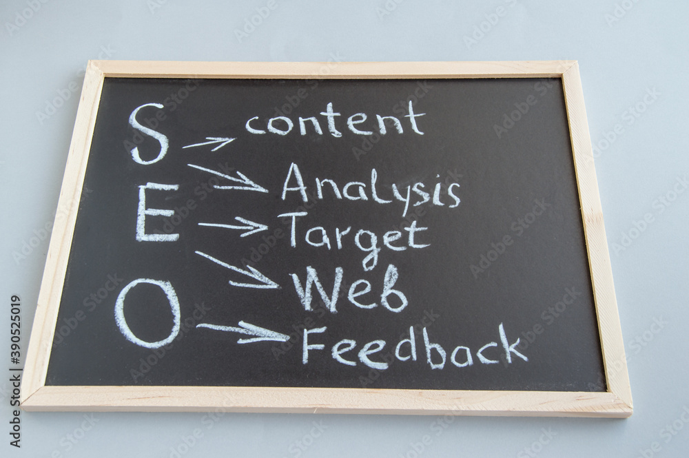 Fototapeta premium SEARCH ENGINE OPTIMIZATION made with white chalk on a blackboard