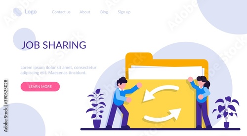 Date or job sharing concept. Delegating duties and responsibilities to colleagues. Job sharing, alternative work schedule, collaborative employment, division of a job. Modern flat illustration.