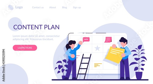 Content plan concept. Planning concept. Entrepreneurship and calendar schedule planning with filling course campaign. Events social media content and professional plan workers communications.