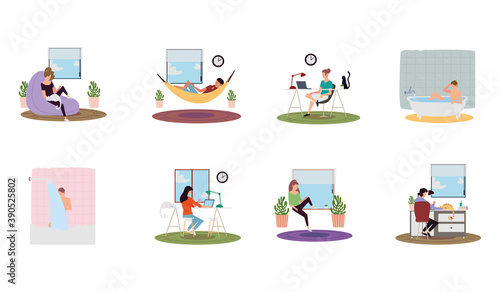 people making different indoor activities, working and resting