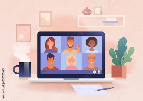 Virtual online group meeting via video conference from home. Using laptop computer chatting with colleagues online in cozy home office. Vector illustration