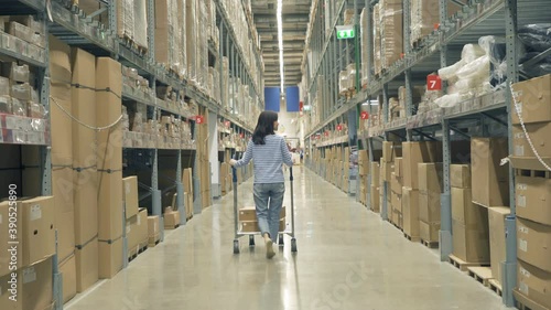 Asian woman working or shopping on shelves at large warehouse retail store industry. Rack of furniture and home accessories store. Interior of cargo in ecommerce and logistic concept. Lifestyle photo
