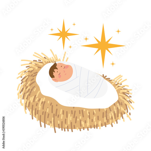 nativity, manger cute baby jesus in the crib cartoon