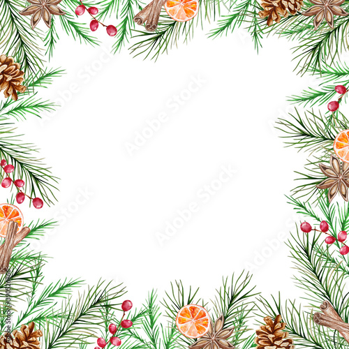 Watercolor Christmas frame with winter fir and pine branches