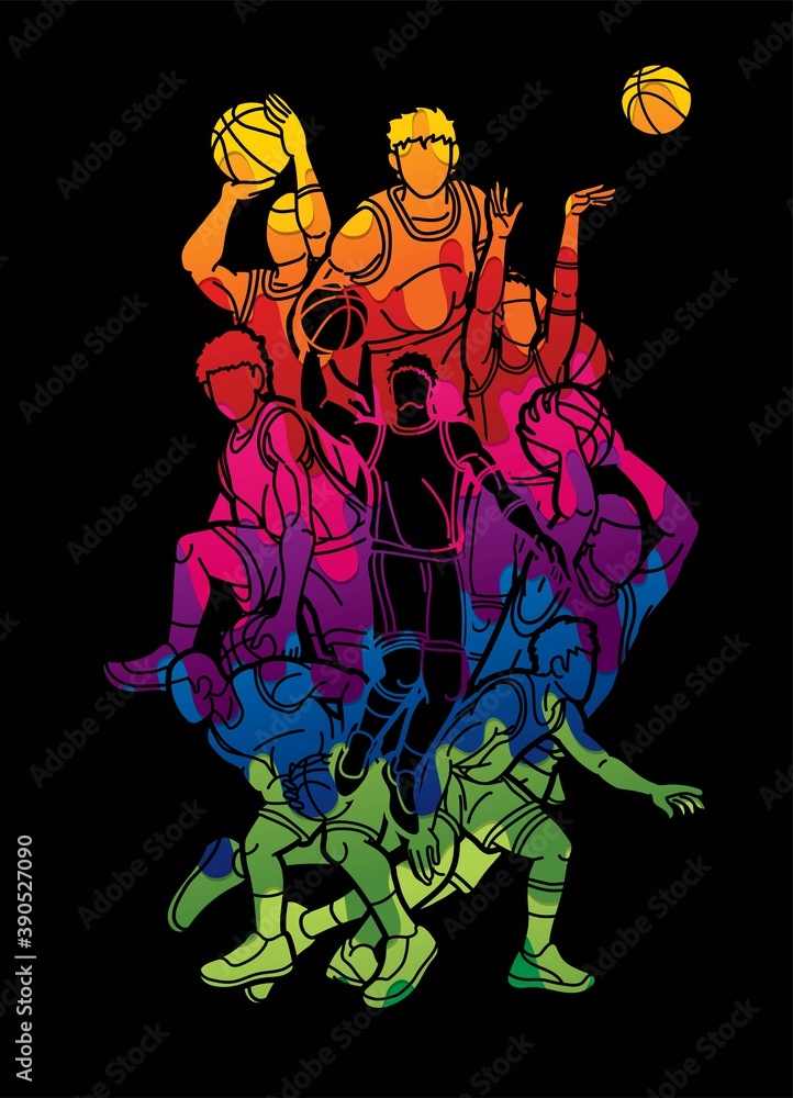 Group of Basketball players action cartoon graphic vector