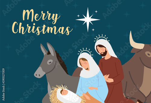 nativity, greeting card with holy family cartoon manger