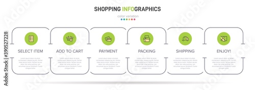 Concept of shopping process with 6 successive steps. Six colorful graphic elements. Timeline design for brochure, presentation, web site. Infographic design layout.