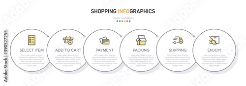 Concept of shopping process with 6 successive steps. Six colorful graphic elements. Timeline design for brochure, presentation, web site. Infographic design layout.