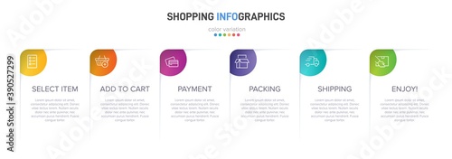 Concept of shopping process with 6 successive steps. Six colorful graphic elements. Timeline design for brochure, presentation, web site. Infographic design layout.