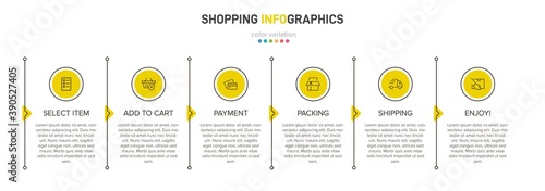 Concept of shopping process with 6 successive steps. Six colorful graphic elements. Timeline design for brochure, presentation, web site. Infographic design layout.