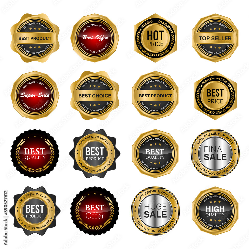 Golden badges and labels with golden ribbon vector collection. vector illustration
