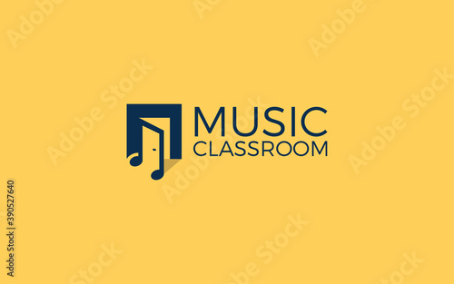 Music logo formed musical notes as a door in yellow background