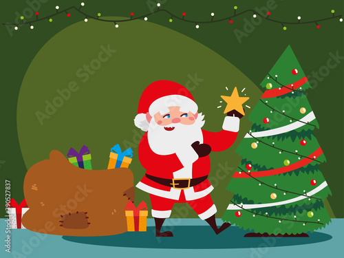 christmas santa claus decorating tree with star, gifts bag and lights